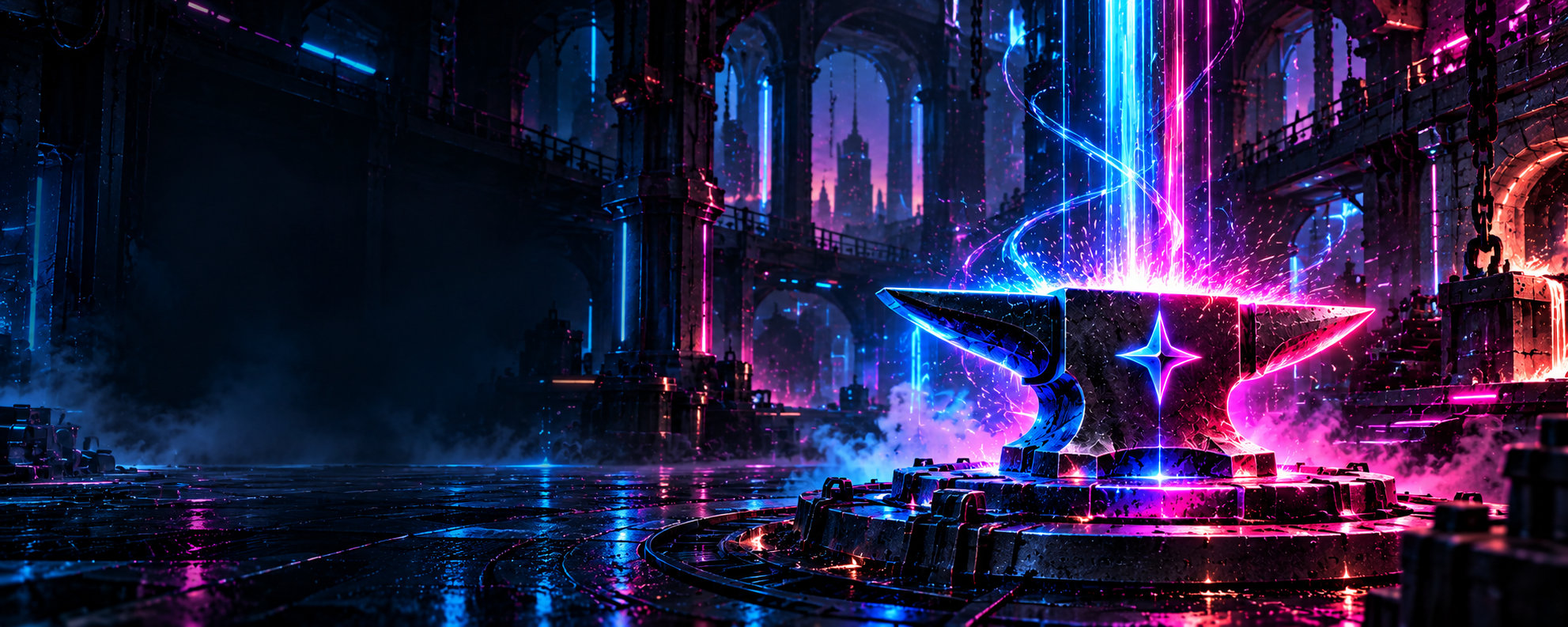 A futuristic foundry with an anvil illuminated by blue and magenta energy